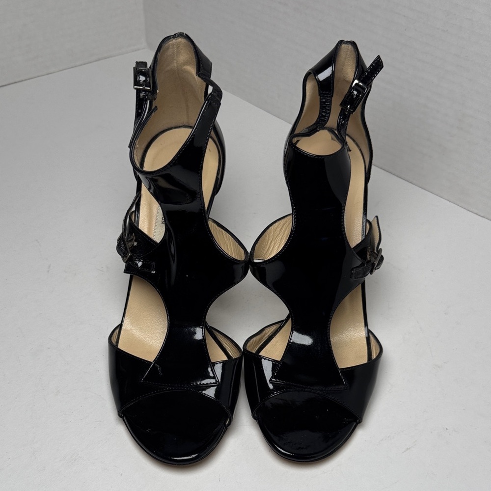 JIMMY CHOO Lotus Glossy Black Patent Leather Cut Out Strappy 3" Heels Size 36 - Picture 2 of 15